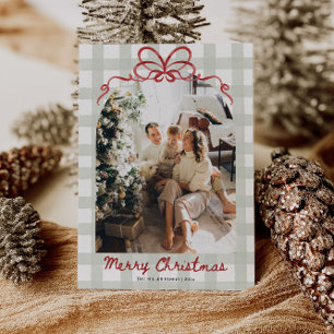 Waterverf Gingham Familie Foto Kerstmis Feestdagenkaart