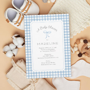 Waterverf Gingham lichtblauw Baby shower Kaart