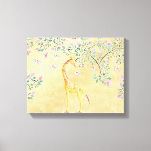 Waterverf Giraffe Butterflies en Blossom Canvas Afdruk