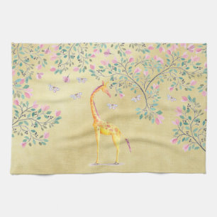 Waterverf Giraffe Butterflies en Blossom Theedoek