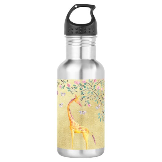 Waterverf Giraffe Butterflies en Blossom Waterfles (Voorkant)