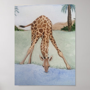 Waterverf Giraffe Drink het Poster van de waterkun