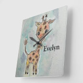Waterverf Giraffe Handgetekende naam Vierkante Klok (Hoek)