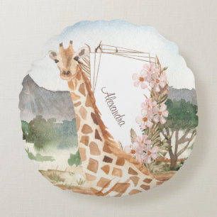 Waterverf Giraffe in de Kinder Afrikaanse Savannah Rond Kussen