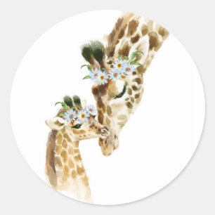 Waterverf Giraffe Mama en Baby Ronde Sticker