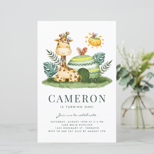 Waterverf Giraffe Safari Verjaardagsuitnodiging (Staand voorkant)
