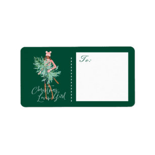 Waterverf Girl Holding Evergreen kerstboom Etiket