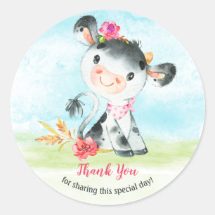 Waterverf Girl Koe Baby shower Boerderij Dank je Ronde Sticker