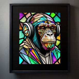 Waterverf Glas in lood chimp dragen hoofdtelefoon Poster