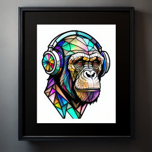 Waterverf Glas in lood chimp dragen hoofdtelefoon Poster