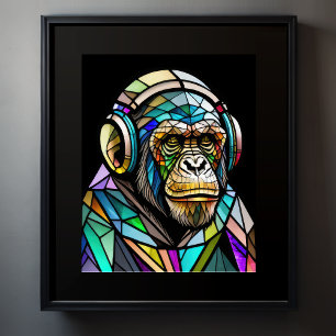 Waterverf Glas in lood chimp dragen hoofdtelefoon Poster