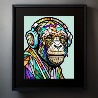 Waterverf Glas in lood chimp dragen hoofdtelefoon Poster