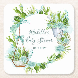 Waterverf Glas Terrarium Vetplanten Baby Shower Vierkante Kartonnen Onderzetter