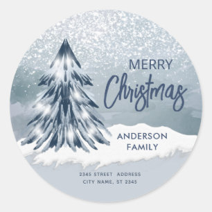 Waterverf glinsterende kerstboom winter ronde sticker