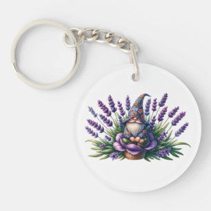 Waterverf Gnome & Purple Flowers Sleutelhanger