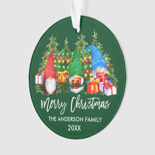 Waterverf-gnomen met kerstlampjes penseelscript ornament (voorkant)