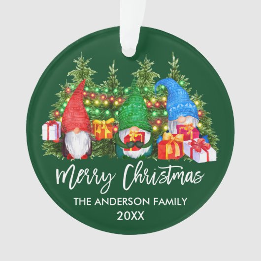 Waterverf-gnomen met kerstlampjes penseelscript ornament (voorkant)