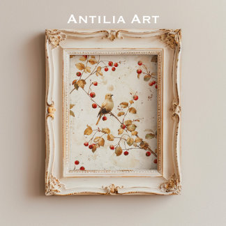 Waterverf Golden Bird op Red Berry Branch Poster