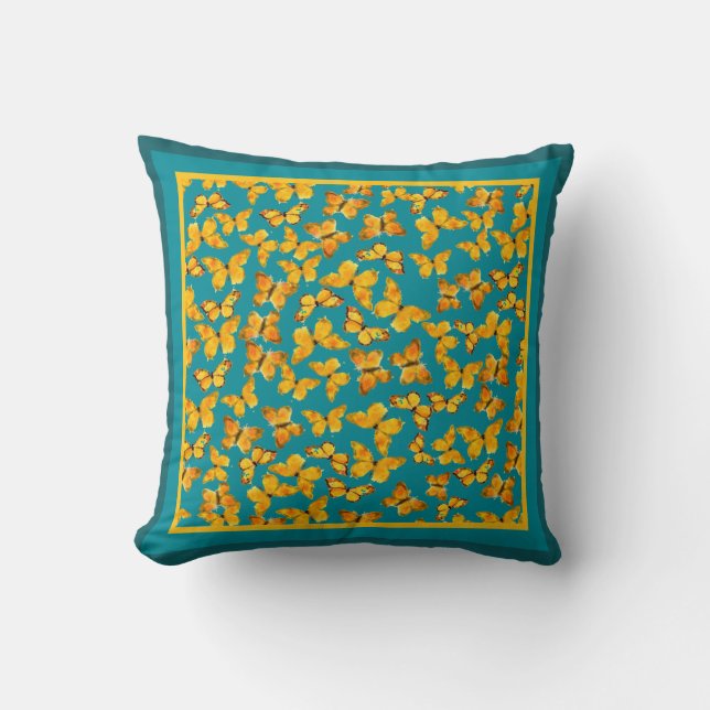 Waterverf Golden Butterflies over Blauwgroen Kussen (Voorkant)