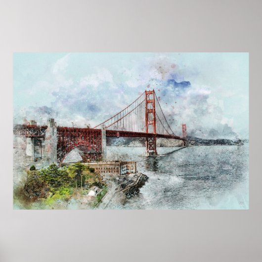 Waterverf Golden Gate Bridge Poster (Voorkant)