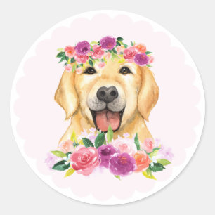 Waterverf Golden Retriever met Floral Crown Ronde Sticker