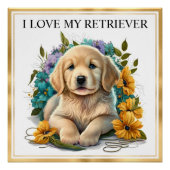 Waterverf Golden Retriever Puppy met Gold Lijst Perfect Poster (Voorkant)
