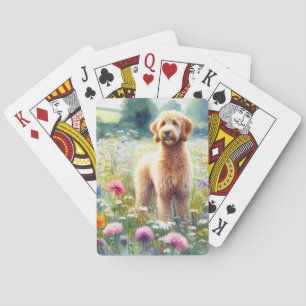 Waterverf Goldendoodle Dog Wildflower Field Pokerkaarten