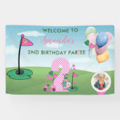 Waterverf Golf Roze Foto Meisje 2e Verjaardagsfees Spandoek (Horizontaal)
