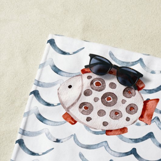 Waterverf golven rode en blauwe vis triple monogra strandlaken (In situ)