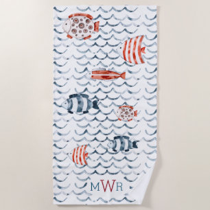 Waterverf golven rode en blauwe vis triple monogra strandlaken