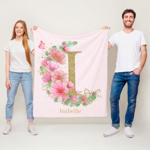 Waterverf Goud en Bloem Monogram Letter I Fleece Deken