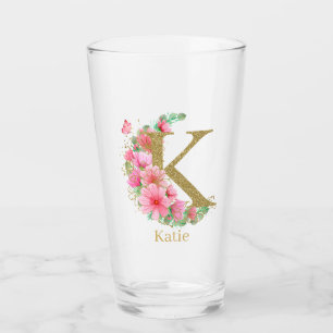 Waterverf Goud en Bloem Monogram Letter K Glas