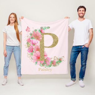 Waterverf Goud en Bloem Monogram Letter P Fleece Deken