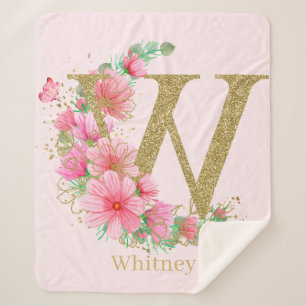 Waterverf Goud en Bloem Monogram Letter W Sherpa Deken