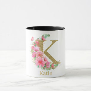 Waterverf Goud en Bloemen Monogram Letter K Mok