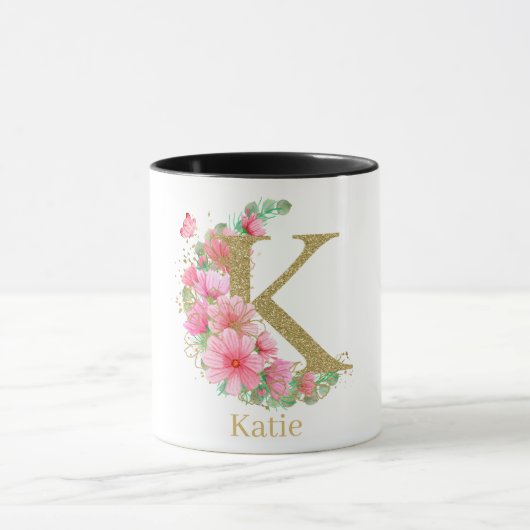 Waterverf Goud en Bloemen Monogram Letter K Mok (Midden)