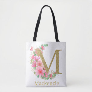 Waterverf Goud en Bloemen Monogram Letter M Draagtas
