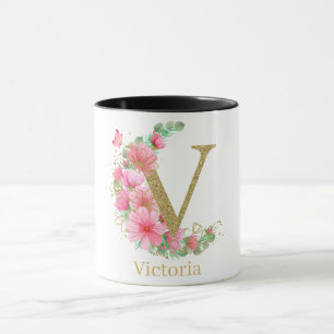 Waterverf Goud en Bloemen Monogram Letter V Mok