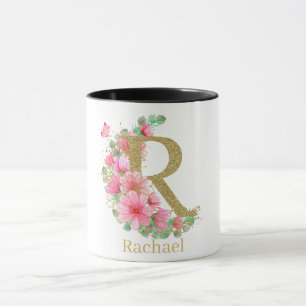 Waterverf Goud en Bloemige Monogram Letter R Mok