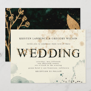 Waterverf Goud en Groene Rozen Huwelijksuitnodigin Kaart