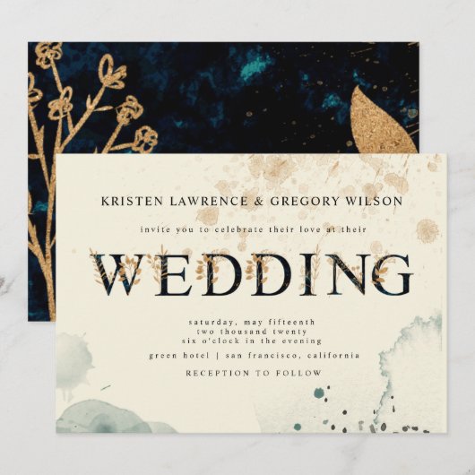 Waterverf Goud en Groene Rozen Huwelijksuitnodigin Kaart (Voorkant / Achterkant)