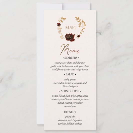 Waterverf Goud Rode Rozen Bruiloft Menu Kaart (Voorkant)