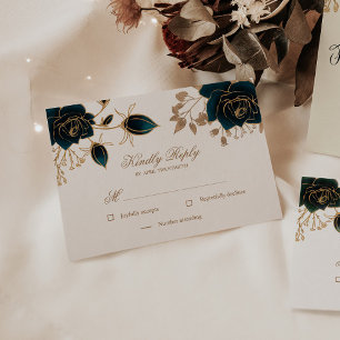 Waterverf Gouden en Groene Rozen RSVP Reactie Kaar