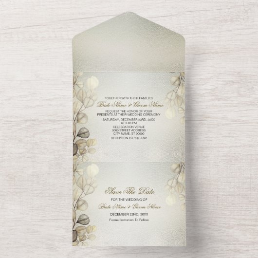Waterverf Gouden Eucalyptus Foliage Huwelijk Glanz All In One Uitnodiging (Binnen)