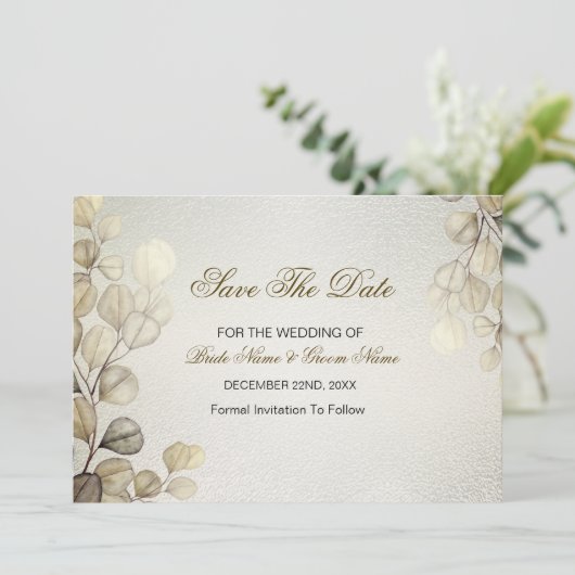 Waterverf Gouden Eucalyptus Foliage Huwelijk Glanz Save The Date (Staand voorkant)