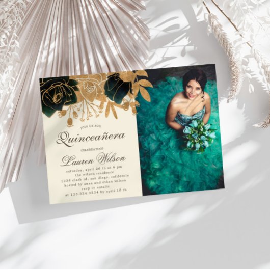 Waterverf Gouden Rozen Quinceanera Fotouitnodiging Kaart