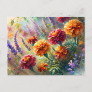 Waterverf goudsbloemen en lavendeltuin briefkaart