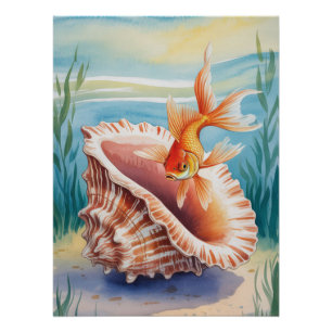 Waterverf goudvis in koraalschelp perfect poster
