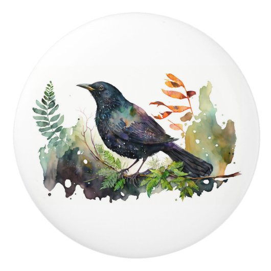 Waterverf grackle on branch keramische knop (Voorkant)