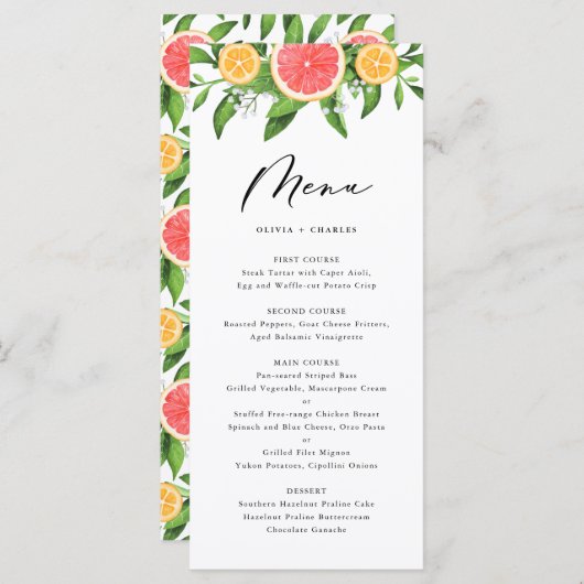 Waterverf Grapefruit en Sinaasappels Citrus Weddin Menu (Voorkant / Achterkant)